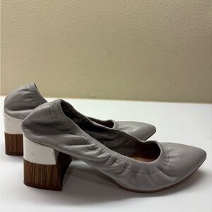 Zara Gray Leather Heels with Wooden Block